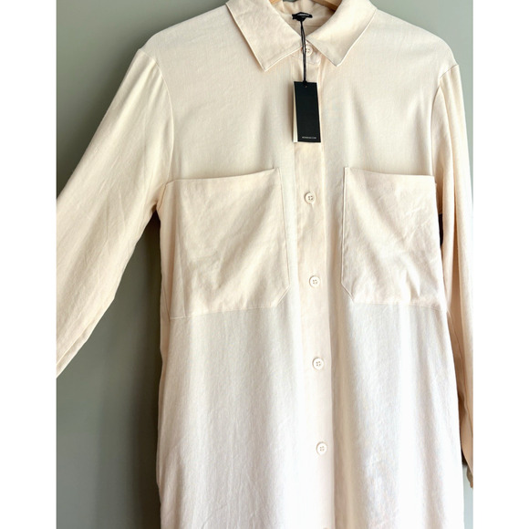 MONROW Linen Blend Button Front Midi Shirt Dress Tunic Pale Yellow Coastal S NWT - Picture 4 of 12
